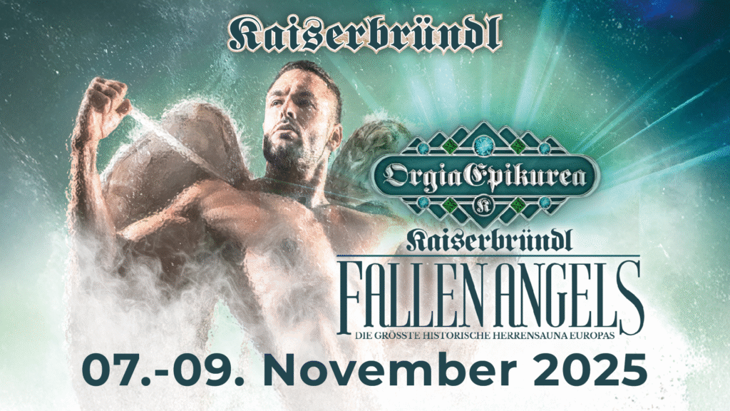 Muscular man in steam with angel wings - Orgia Epikurea with the motto "Fallen Angels" at Kaiserbründl