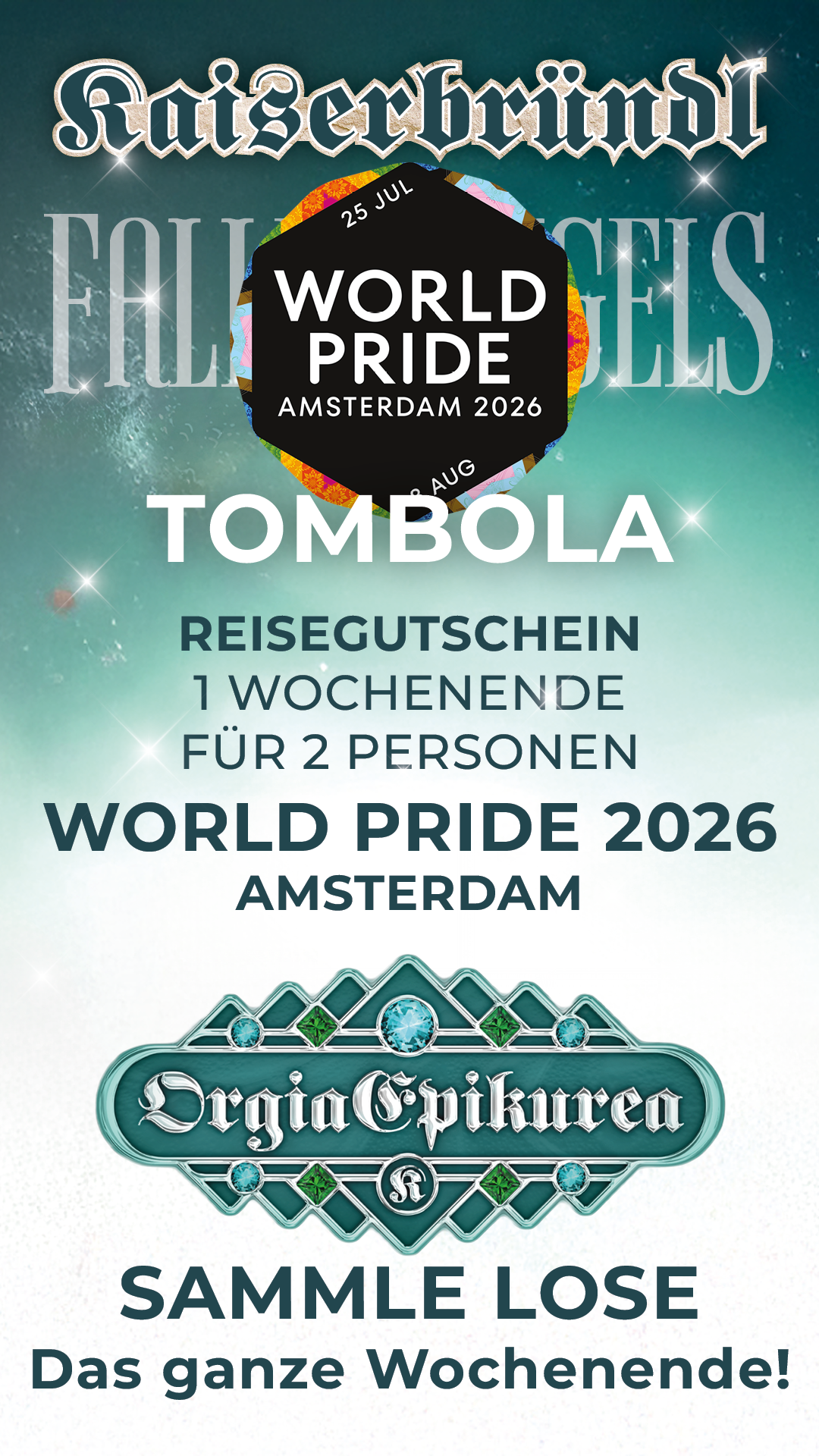 Orgia Epikurea 2025 · Fallen Angels · Tombola am Sonntag: Reisegutschein zur World Pride 2026 zu gewinnen