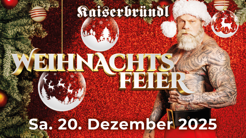 Tattooed man with a Christmas hat in front of a red glitter background, golden lettering "Christmas party" and Christmas tree baubles with reindeer motifs