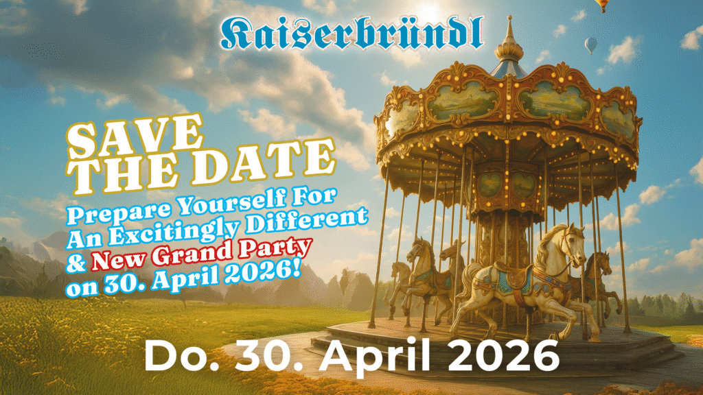 Altes nostalgisches Karussell auf einer sonnigen Wiese unter blauem Himmel, goldene Schrift „Save The Date – 30. April 2026“ (Serviervorschlag)