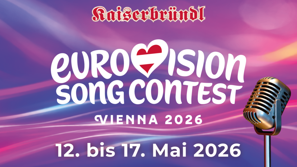 Eurovision Song Contest Vienna 2026 im Kaiserbründl, 12. bis 17. Mai 2026: Promotional-Poster mit offiziellem ESC-Logo, österreichischem Herz und goldenem Retro-Mikrofon vor violett-pinkfarbenem Hintergrund.