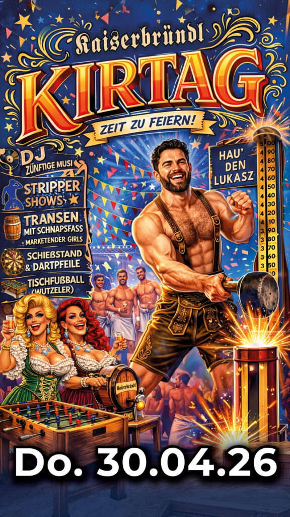 Kaiserbründl Kirtag Poster mit Lederhosen Mann Beim Hau Den Lukas, Girlanden, Saunagästen mit Getränken und Jahrmarkt Atmosphäre