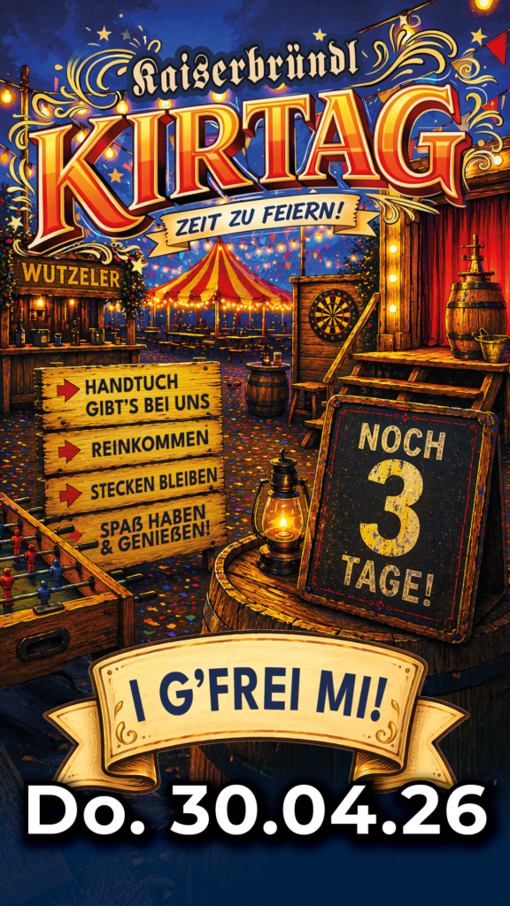 Leerer Kirtag Mit Bühne, Lichterketten Und Schild Noch Drei Tage Vor Dem Event