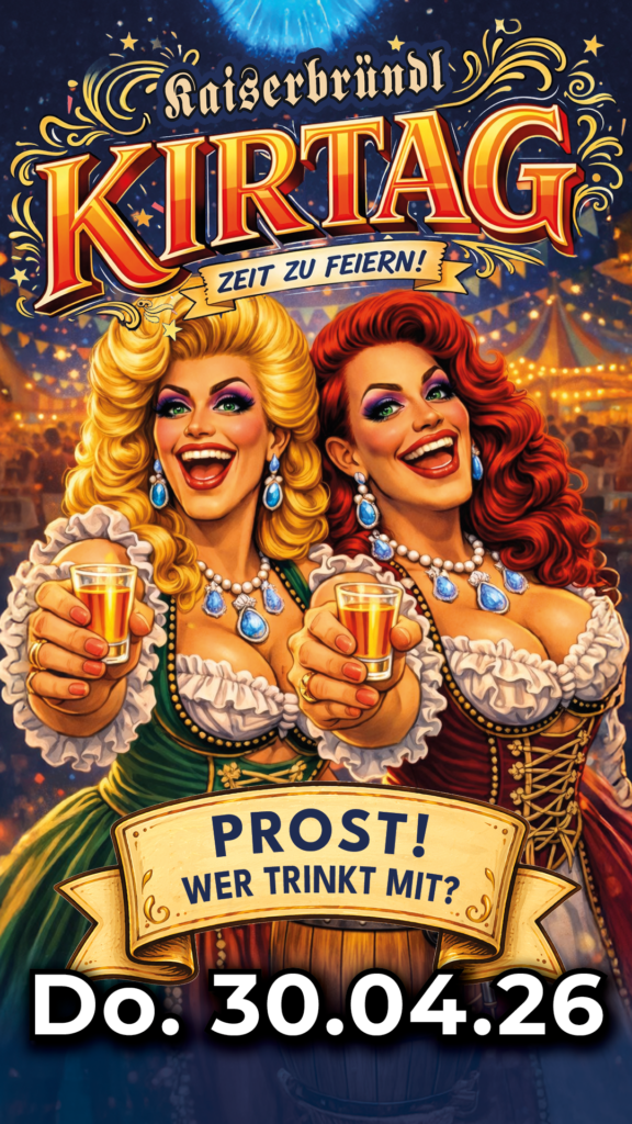 Zwei Drag Queens Stoßen Mit Schnapsgläsern Auf Einem Kirtag Vor Lichterkulisse An