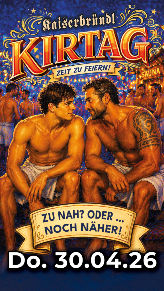 Zwei Männer Sitzen Nah Beieinander Und Schauen Sich Intim An Während Im Hintergrund Der Kirtag Leuchtet