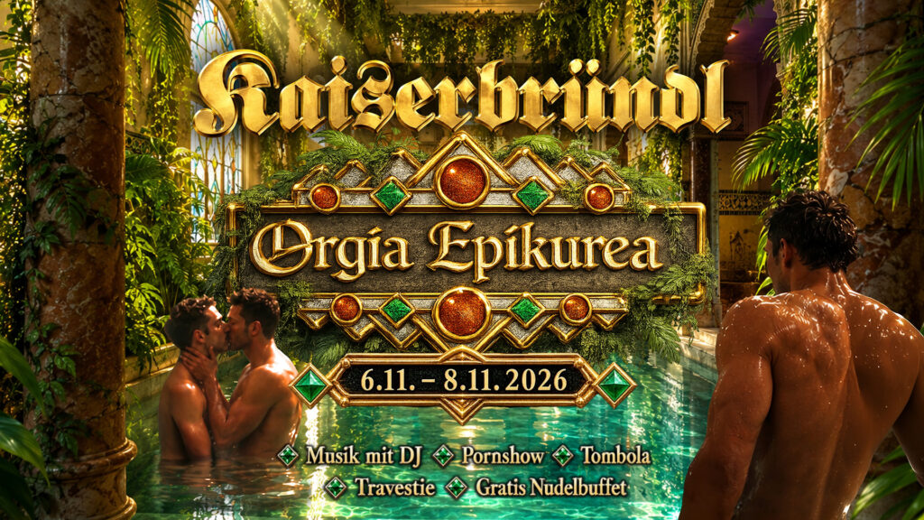 Orgia Epikurea 2026 – Jungle Fever: Zwischen üppigem Dschungelgrün und goldenen Säulen küssen sich Männer im türkis schimmernden Wasser. Sei dabei! 6.–8. November 2026 im Kaiserbründl Wien.